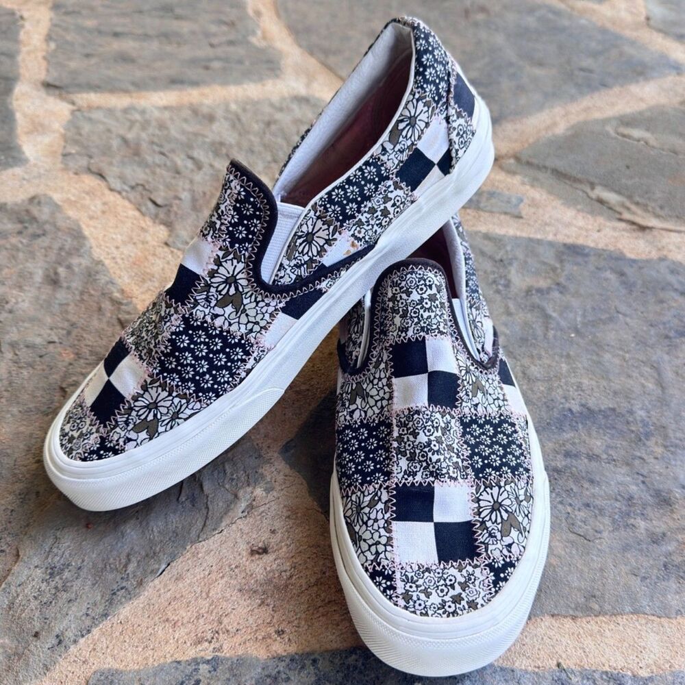 Floral Checkerboard Patchwork Vans Slip Ons